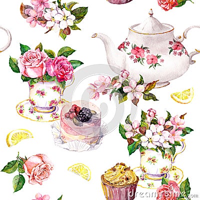 Teatime pattern: flowers, teacup, cake, teapot. Watercolor. Seamless background Stock Photo