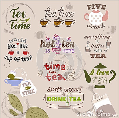 Teatime quote set vector lettering hand drawn cup of tea vintage print typography poster design teapot Vector Illustration