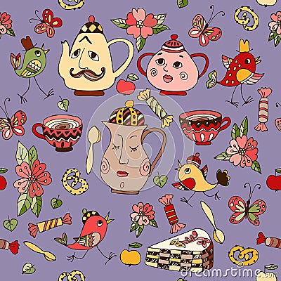 Teatime. Seamless pattern with hand drawn elements for tea party Vector Illustration