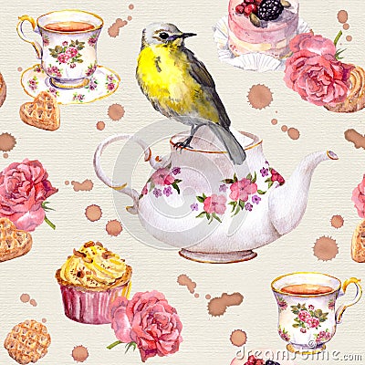 Teatime: tea pot, cup, cakes, rose flowers, bird. Seamless pattern. Watercolor Stock Photo