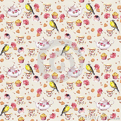 Teatime: tea pot, cup, cakes, rose flowers, bird. Seamless pattern. Watercolor Stock Photo