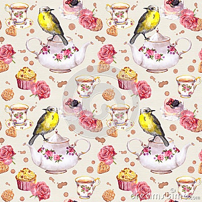 Teatime: tea pot, cup, cakes, rose flowers, bird. Seamless pattern. Watercolor Stock Photo