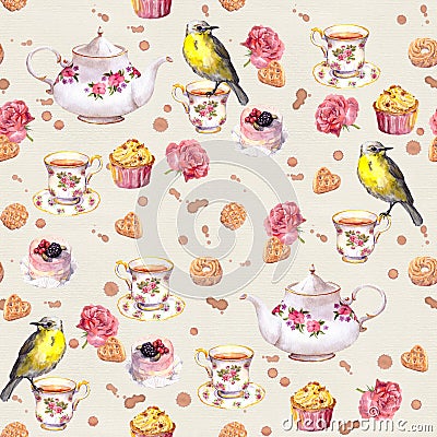 Teatime: tea pot, cup, cakes, rose flowers, bird. Seamless pattern. Watercolor Stock Photo