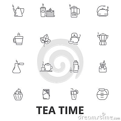 Teatime, tea, teacup, cafe, tea party, afternoon drinks, cupcake, pot line icons. Editable strokes. Flat design vector Vector Illustration