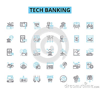 Tech banking linear icons set. Fintech, Blockchain, Cryptocurrency, Mobile banking, Machine learning, Artificial Vector Illustration