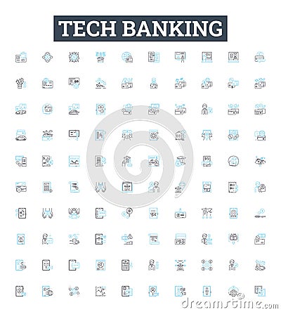 Tech banking vector line icons set. Tech banking Online, Mobile, Security, Fraud, Digital, Payments, ATM illustration Vector Illustration