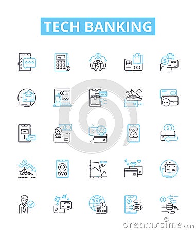 Tech banking vector line icons set. Tech banking Online, Mobile, Security, Fraud, Digital, Payments, ATM illustration Vector Illustration