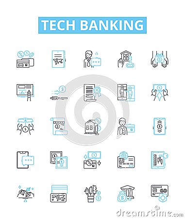 Tech banking vector line icons set. Tech banking Online, Mobile, Security, Fraud, Digital, Payments, ATM illustration Vector Illustration