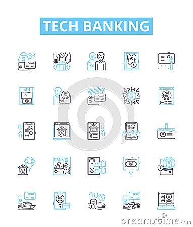Tech banking vector line icons set. Tech banking Online, Mobile, Security, Fraud, Digital, Payments, ATM illustration Vector Illustration