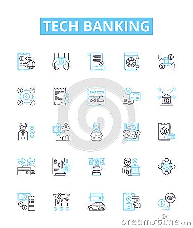 Tech banking vector line icons set. Tech banking Online, Mobile, Security, Fraud, Digital, Payments, ATM illustration Cartoon Illustration
