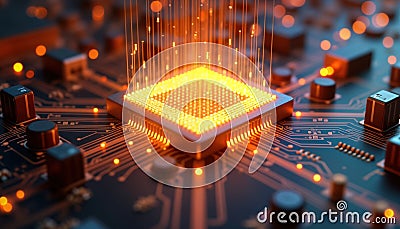 Tech cpu chip glowing on motherboard with light trails. Data transfer concept. Modern tech system in action. Futuristic tech Stock Photo