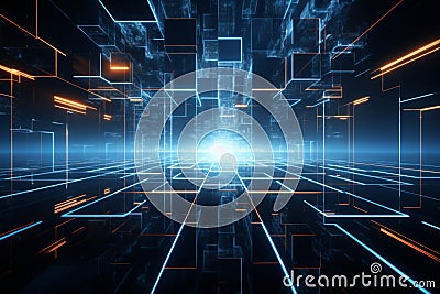 Tech cube in a 3D rendering blends with a dynamic cyberspace backdrop Stock Photo