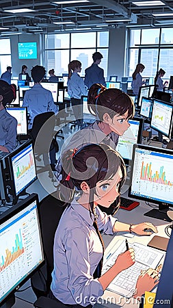 Tech Development Scene of Anime Programmers Collaborating on Software Project Stock Photo