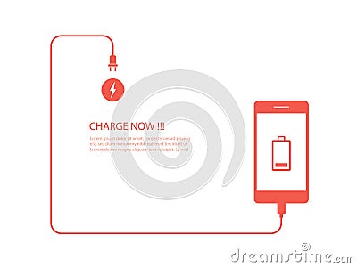 Tech device charge battery mobile phones with cable connect on white background Vector Illustration
