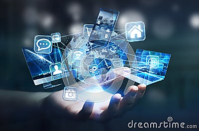 Tech devices and icons connected to digital planet earth Stock Photo