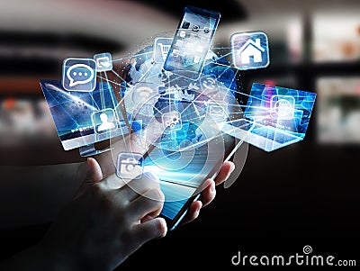 Tech devices and icons connected to digital planet earth Stock Photo