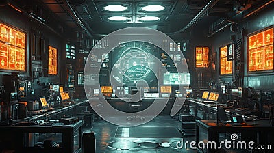Tech-driven command center with futuristic displays and a high-tech interface Stock Photo