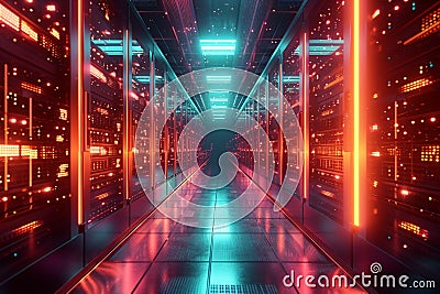 Tech driven infrastructure 3D rendered server room with vibrant data displays Stock Photo