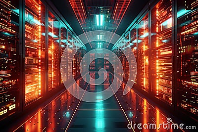 Tech driven infrastructure 3D rendered server room with vibrant data displays Stock Photo