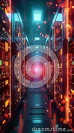 Tech driven infrastructure 3D rendered server room with vibrant data displays Stock Photo