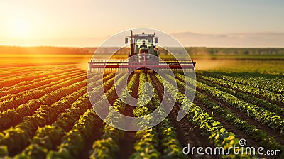 Tech-enhanced tractor efficiently fertilizing expansive agricultural land Stock Photo