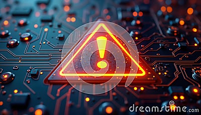 Tech error warning sign on circuit board. Digital system maintenance notice. Caution symbol highlights potential issue on Stock Photo