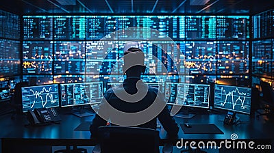 Software Developer Coding in a High-Tech Office at Night Stock Photo