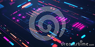 A tech-focused web design with a dark mode theme, sharp lines, neon accents, and floating 3D Stock Photo