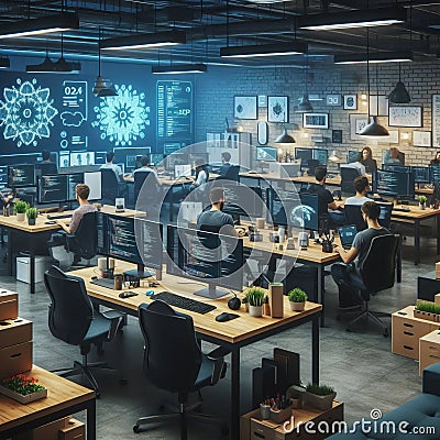 Tech focused workspace with coding stations collaborative develo Stock Photo