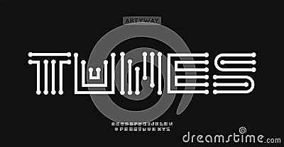 Tech geometric font, digital circuit pattern letters, maze labyrinth font for futuristic typography, minimal tech Vector Illustration
