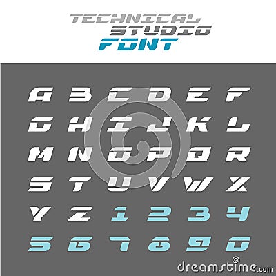 Tech letters stencil font. Wide techno alphabet. Vector Illustration