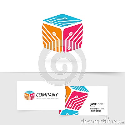 Tech logo vector illustration, red color technology logotype with circuit or electronic board in cube shape symbol and Vector Illustration