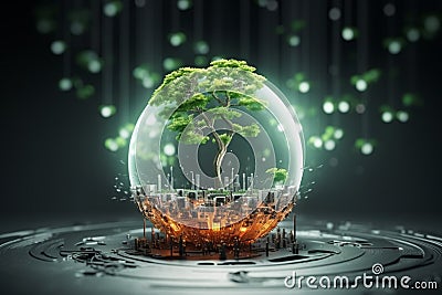 Tech meets nature Tree on globe, binary network backdrop essence of digital convergence Stock Photo