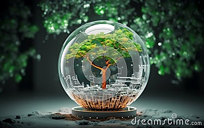 Tech meets nature Tree on globe, binary network backdrop essence of digital convergence Stock Photo