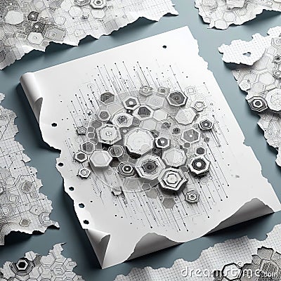 Tech Patterns White ripped paper with tech inspired patterns suc Stock Photo
