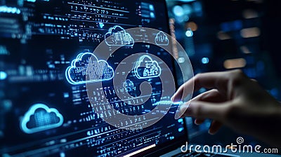 A tech-savvy user interacts with a virtual touch screen, downloading data from cloud storage to a Stock Photo
