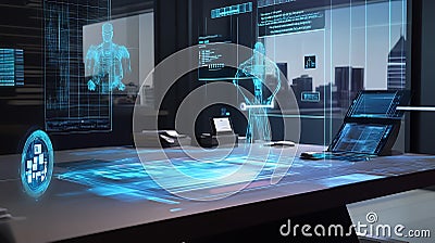 A tech-savvy workspace where holographic 3D objects interact with 2D flat-screen interfaces Stock Photo