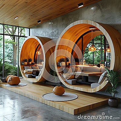 Tech startup office with open workspaces and relaxation pods3D render Stock Photo