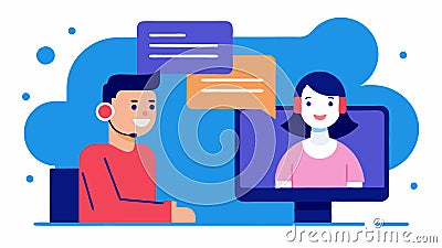 Tech Support Chat An illustration showing a trainer communicating with a client via instant messaging while showcasing Vector Illustration