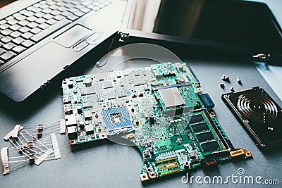 Tech support disassembled computer parts repair Stock Photo