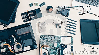 Tech support engineer workplace laptop tools Stock Photo