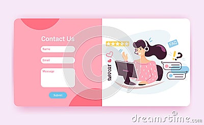 Tech support landing page template with contact us form. Customer service operator with headset talking to client Vector Illustration