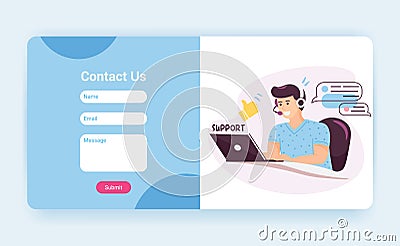 Tech support landing page template with contact us form. Customer service operator with headset talking to client Vector Illustration
