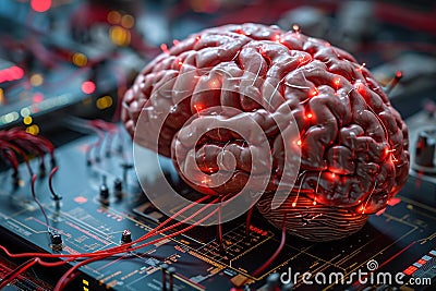 Tech synergy Human brain linked seamlessly with a computer interface Stock Photo