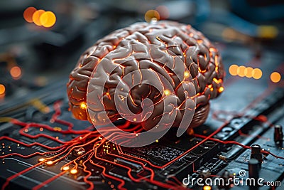 Tech synergy Human brain linked seamlessly with a computer interface Stock Photo
