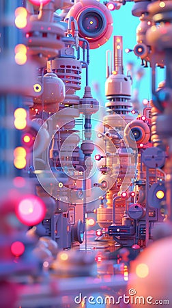 Tech-themed illustration, rich in detail and complexity, made by a 3D animator, integrating a bokeh effect throughout the scene Cartoon Illustration