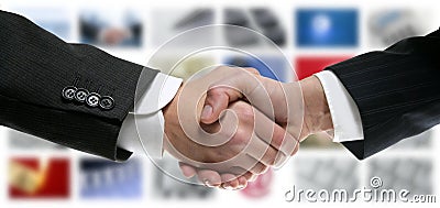 Tech tv video communication screen handshake Stock Photo