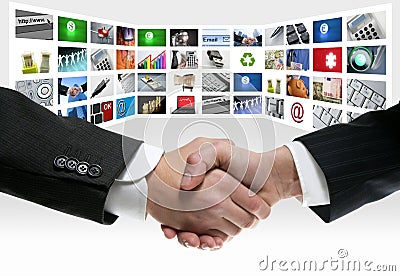 Tech tv video communication screen handshake Stock Photo