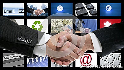 Tech tv video communication screen handshake Stock Photo
