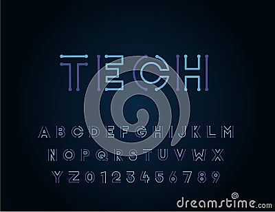 Tech vector font typeface unique design. For technology, circuits, engineering, digital , gaming, sci-fi and science subjects. Vector Illustration